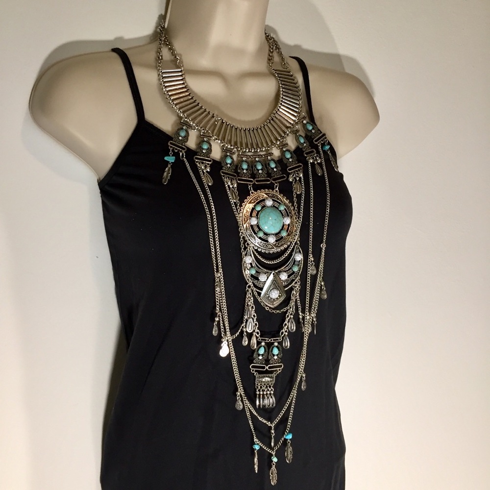 Silver turquoise tone Multilayer fashion necklace